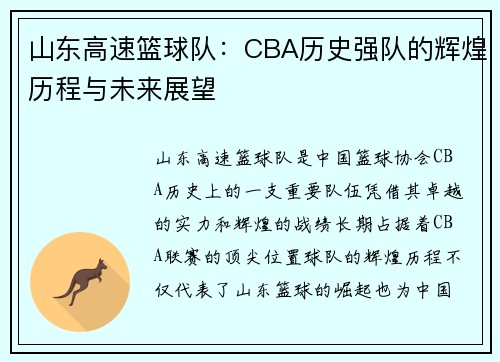 山东高速篮球队：CBA历史强队的辉煌历程与未来展望
